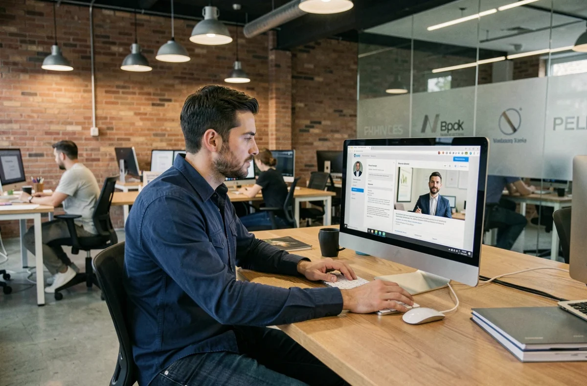 Homme mettant à jour son profil professionnel sur un grand écran dans un espace de coworking moderne
