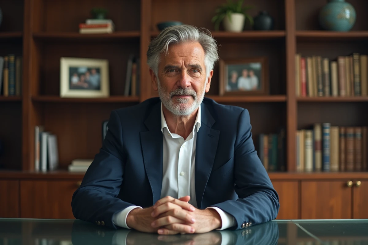 Homme d'âge moyen en costume dans un bureau chaleureux