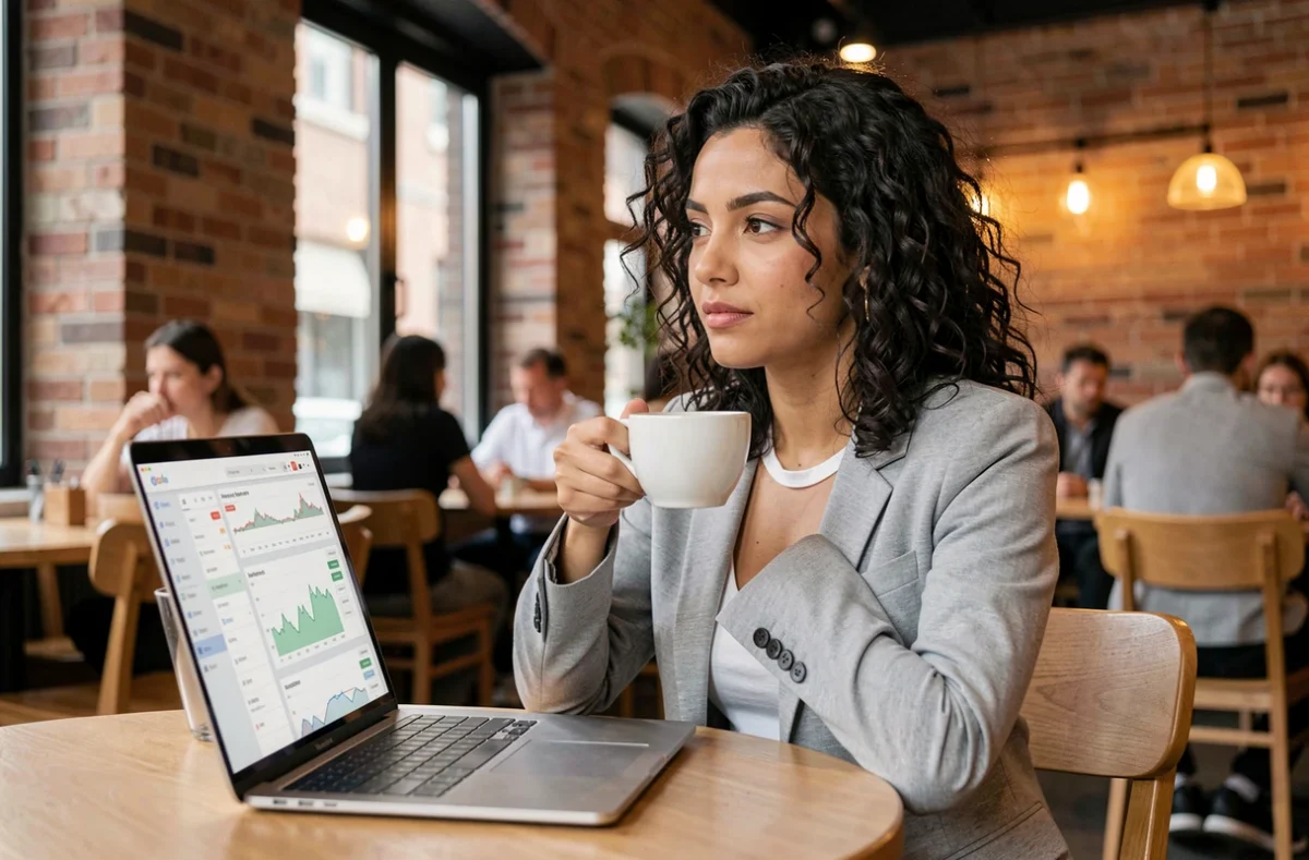 Jeune femme en blazer gris consultant une plateforme boursière en ligne sur son ordinateur portable dans un café urbain