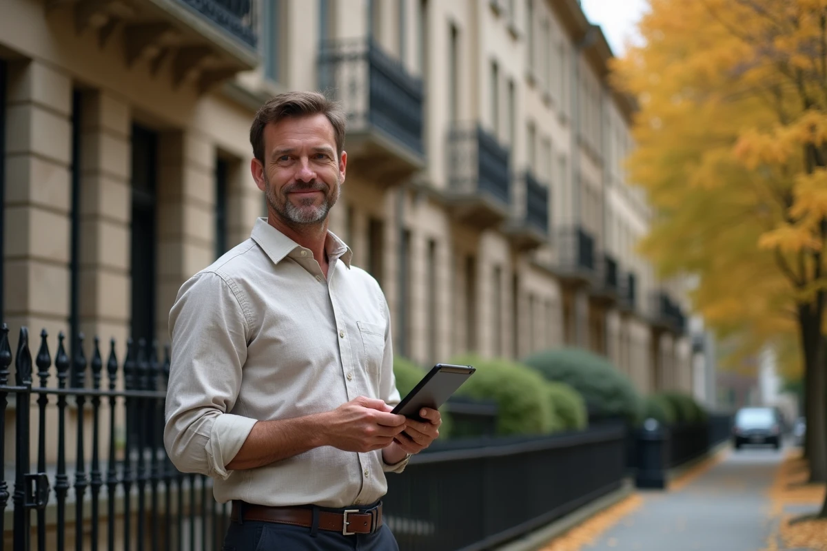 Investisseur immobilier tenant une tablette devant un immeuble rénové dans un quartier résidentiel urbain en automne