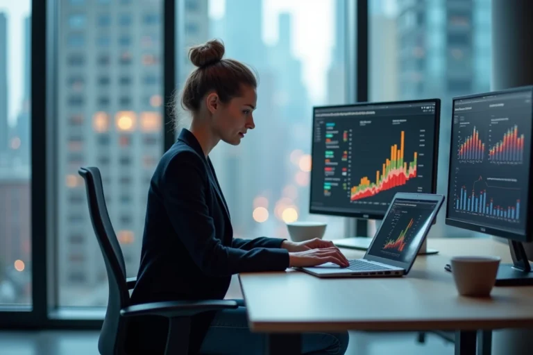 Jeune femme en blazer travaillant sur un ordinateur dans un bureau hightech