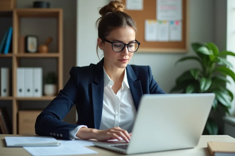 Jeune femme professionnelle en bureau moderne concentrée sur son CV