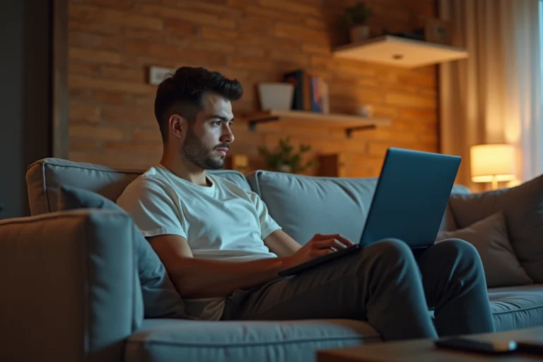 Jeune homme regardant un match de football sur son ordinateur
