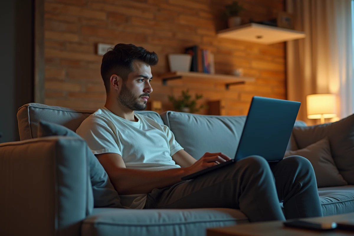 Jeune homme regardant un match de football sur son ordinateur