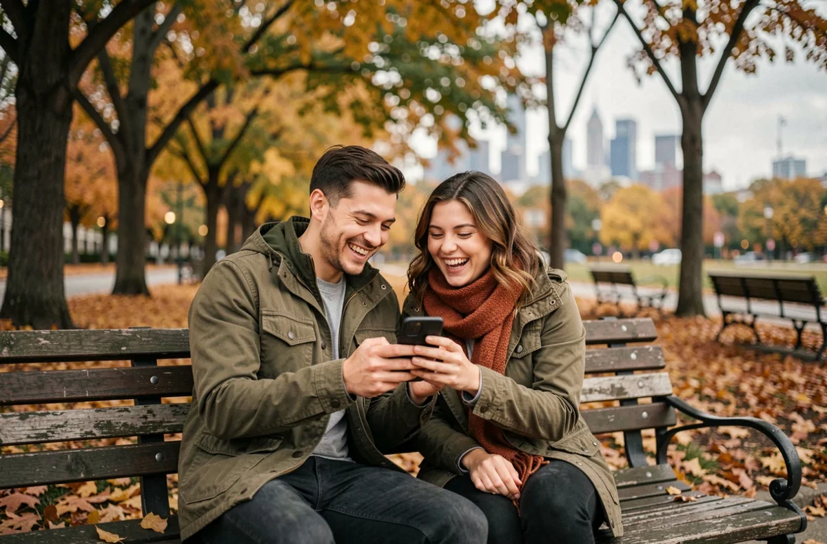 Deux jeunes adultes riant ensemble en regardant un smartphone sur un banc de parc en automne avec des feuilles dorées au sol