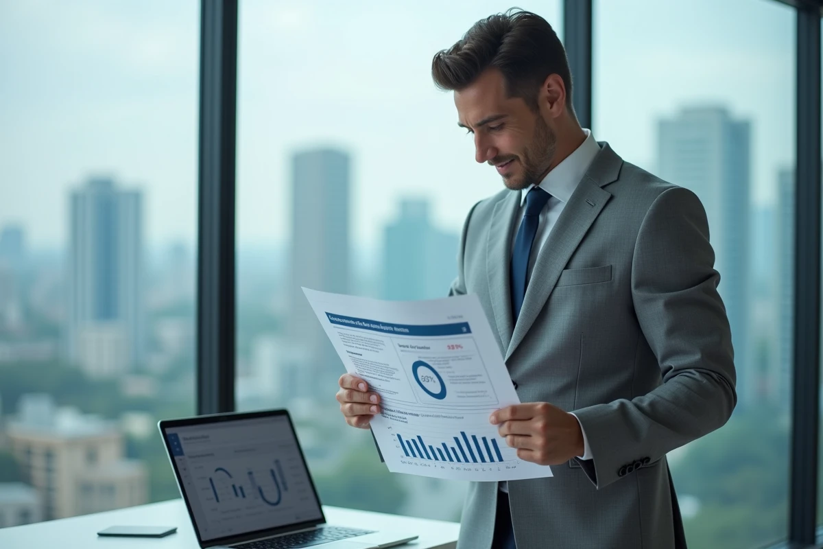 Manager consultant un rapport de satisfaction client avec des graphiques devant une fenêtre panoramique, symbolisant l'analyse et l'amélioration de la qualité de service