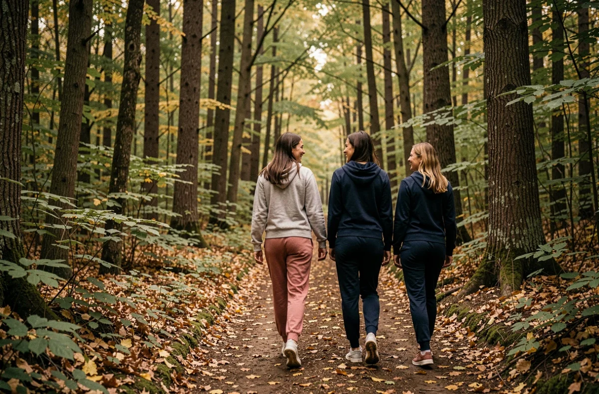 Deux femmes marchant et riant sur un sentier forestier automnal, symbolisant la marche bien-être et la connexion sociale