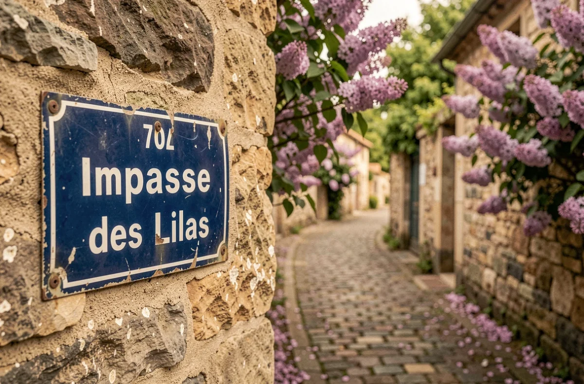 Panneau de rue bleu indiquant l'impasse des Lilas fixé sur un mur en pierre à l'entrée d'un passage résidentiel