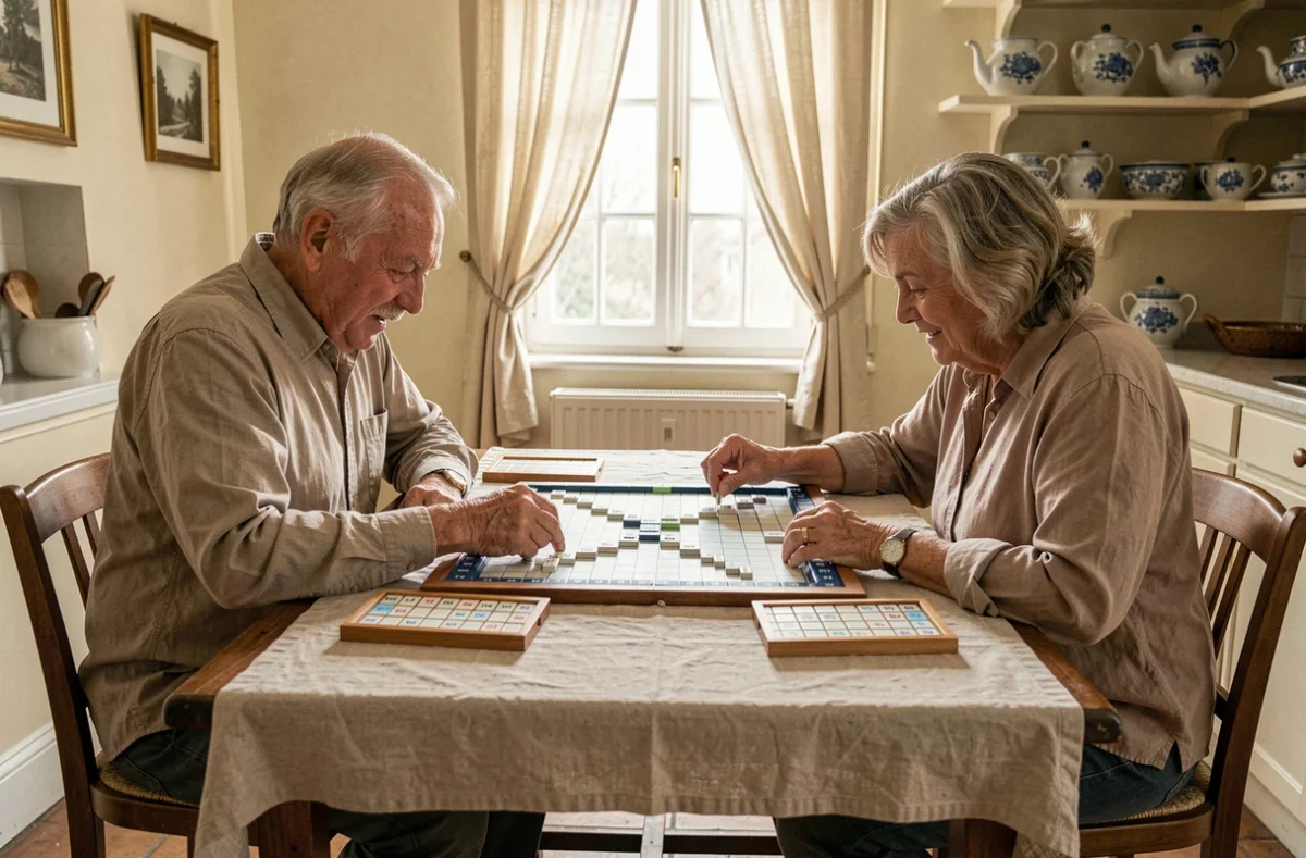 Deux seniors en pleine partie de Scrabble à la table de cuisine dans un intérieur traditionnel