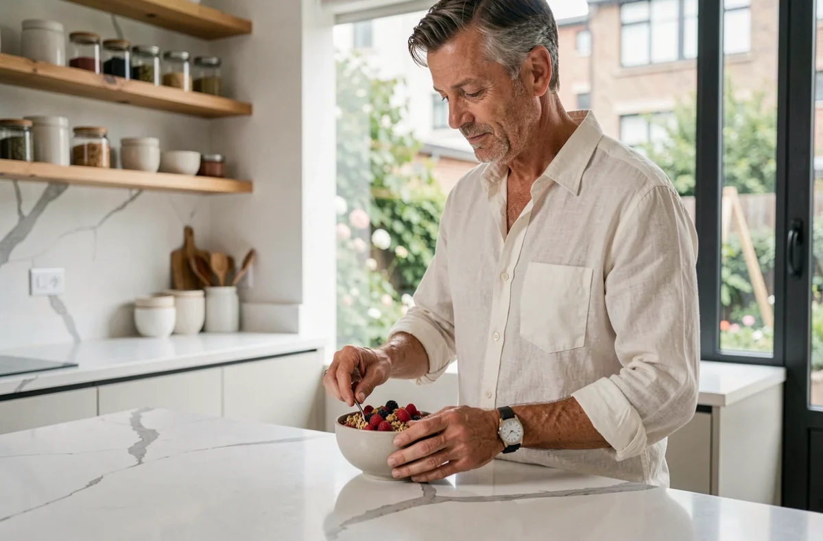 Homme préparant un bol de smoothie healthy dans une cuisine minimaliste, illustration des tendances nutrition bien-être