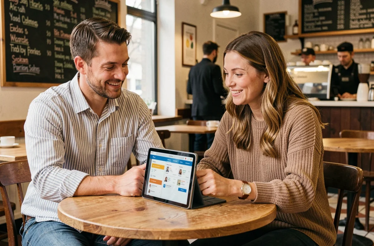 Deux professionnels consultant ensemble une plateforme d'emploi en ligne sur une tablette dans un café urbain
