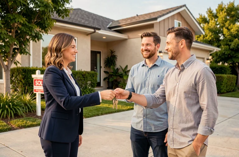 Agent immobilier remettant les clés d'une maison à un couple acheteur devant une propriété moderne avec panneau vendu