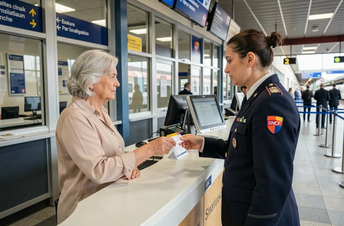 Retraitée SNCF remettant son pass Carmillon à un agent en gare pour renouvellement