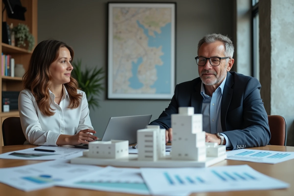 Deux professionnels de l'immobilier discutant de stratégies d'investissement autour d'une table avec maquette et graphiques de marché
