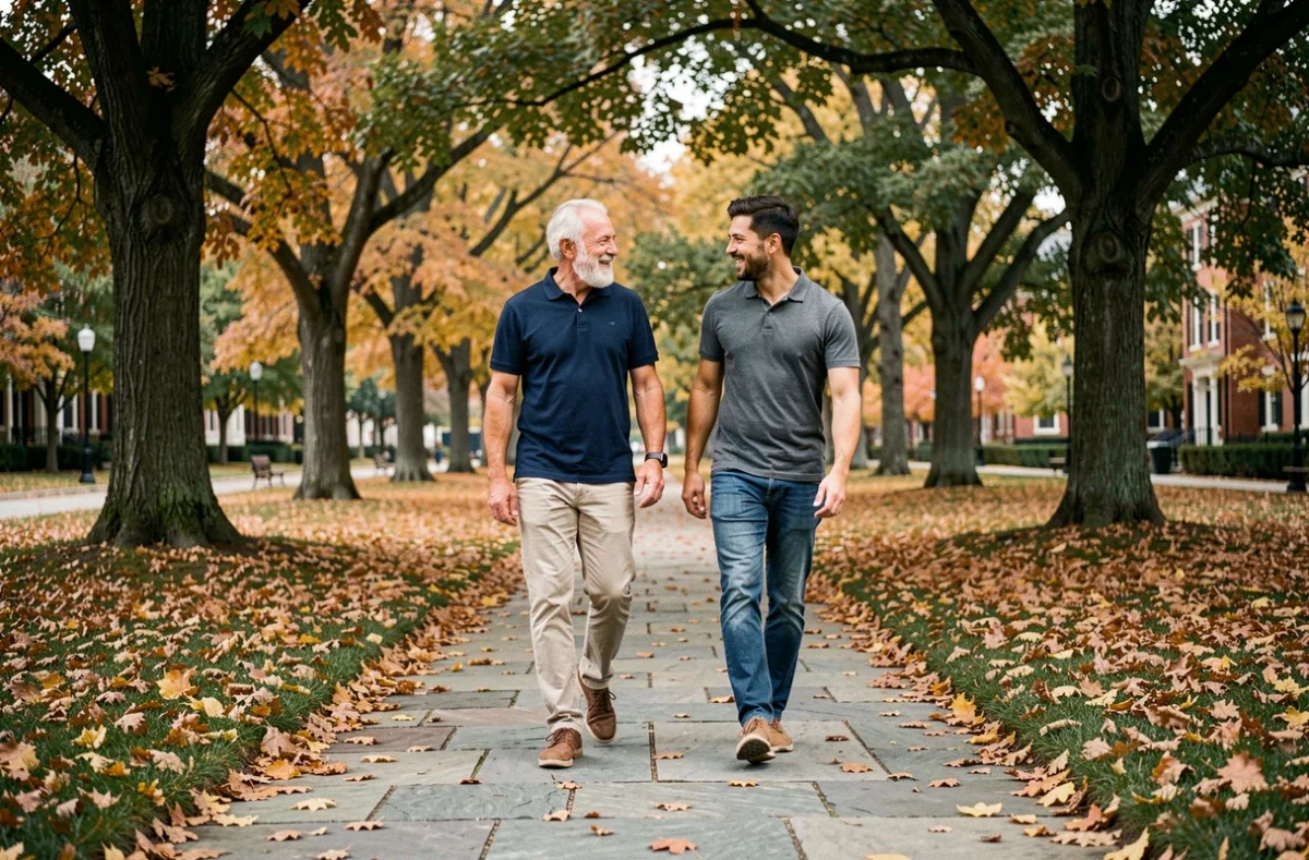 Un retraité se promène et échange avec un accompagnateur dans un parc en automne, illustrant le soutien à domicile pour les seniors