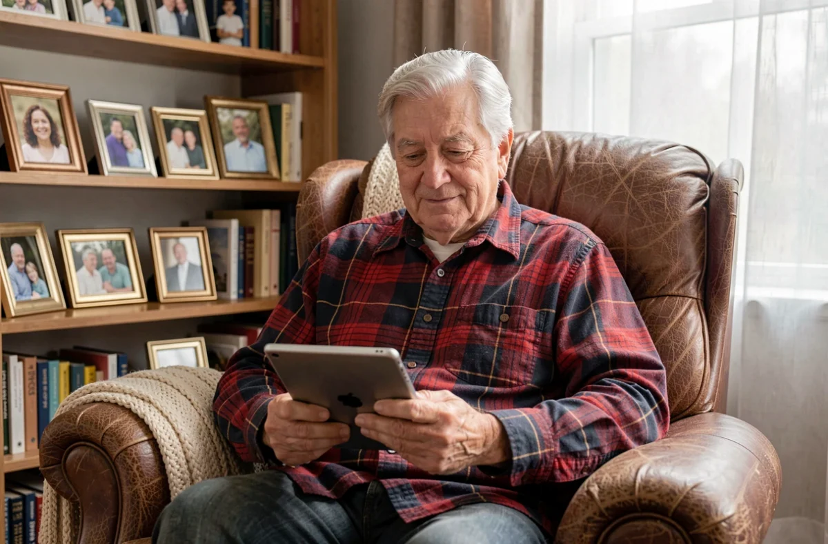 Homme âgé aux cheveux argentés lisant un message sur une tablette dans un salon confortable avec des photos de famille en arrière-plan