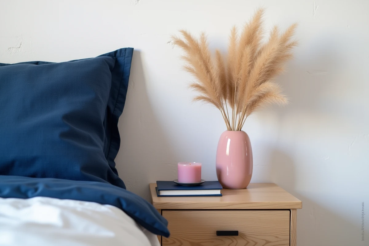 Table de chevet avec association bleu marine et rose poudré, vase en céramique et accessoires de chambre assortis