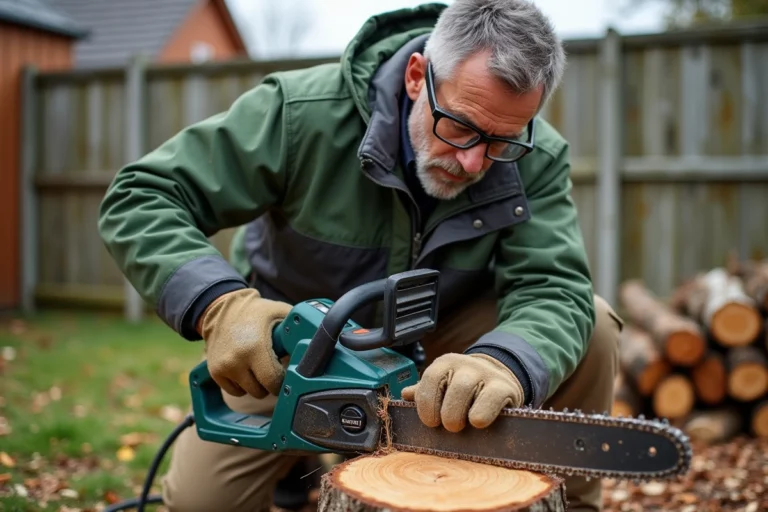 Homme utilisant une tronçonneuse électrique Teccpo pour couper un rondin de bois dans un jardin