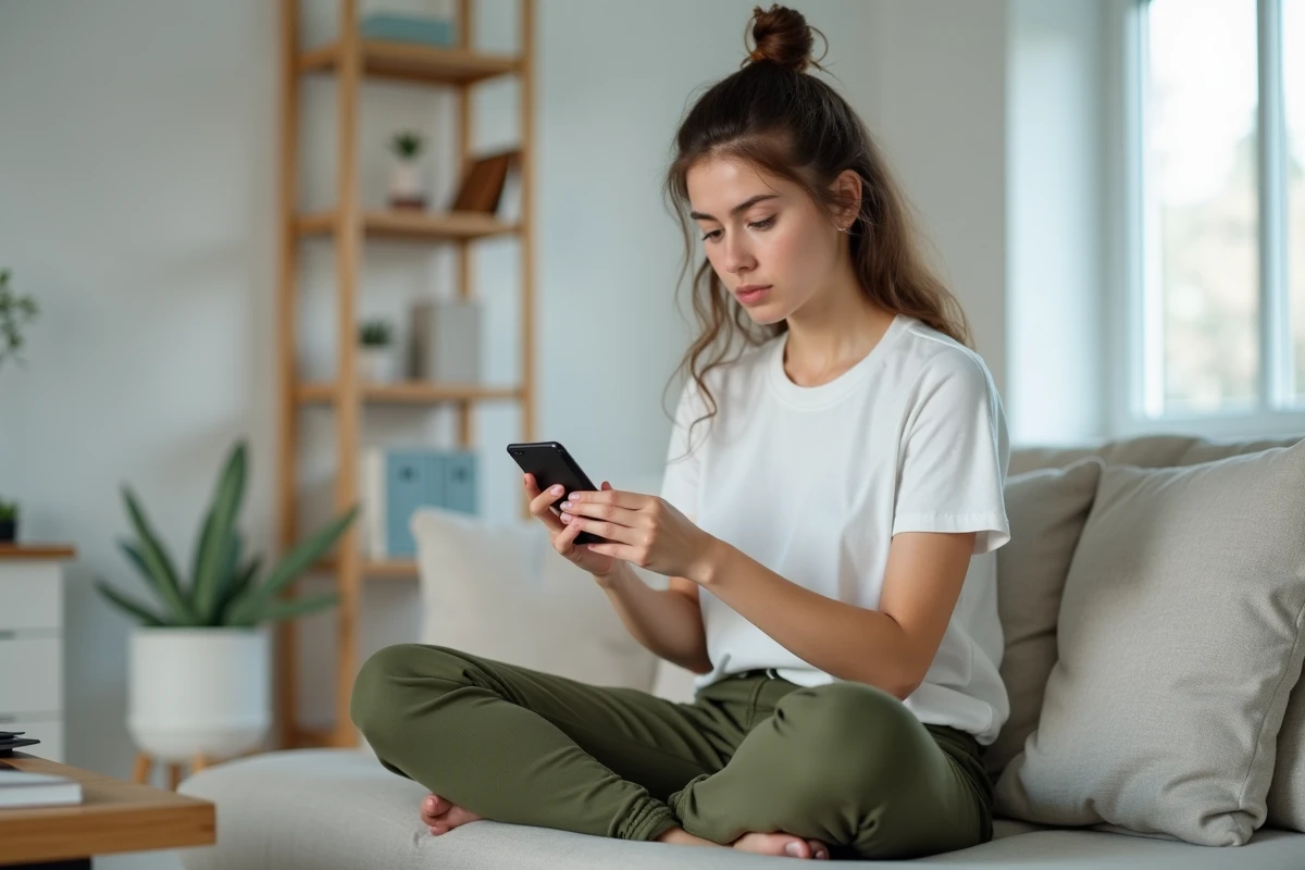 Jeune femme testant l'expérience utilisateur d'un site web mobile sur smartphone dans un salon minimaliste