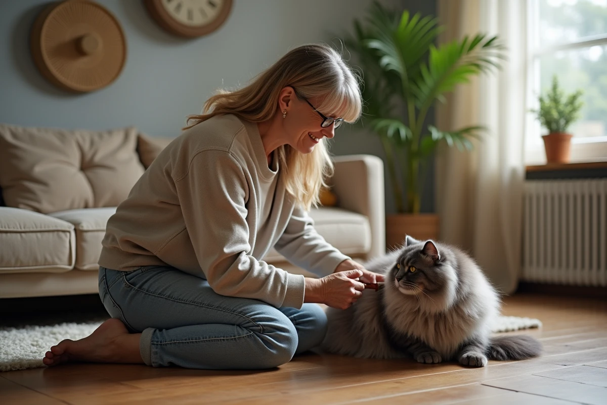 Femme toilettant le pelage et la zone anale d'un chat persan gris à domicile