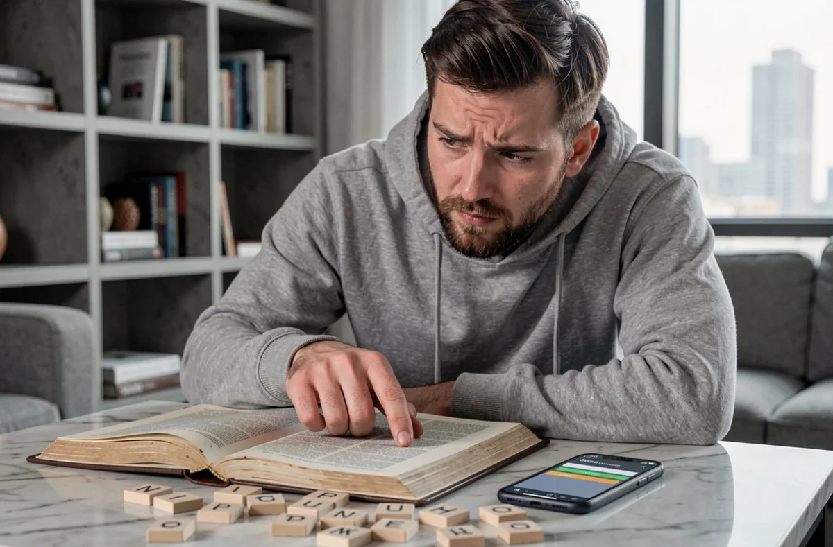 Homme vérifiant un mot contesté dans le dictionnaire officiel du Scrabble