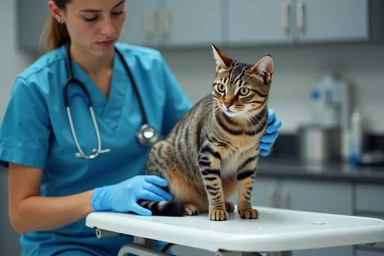 Vétérinaire examinant les fesses d'un chat tigré sur une table d'examen clinique