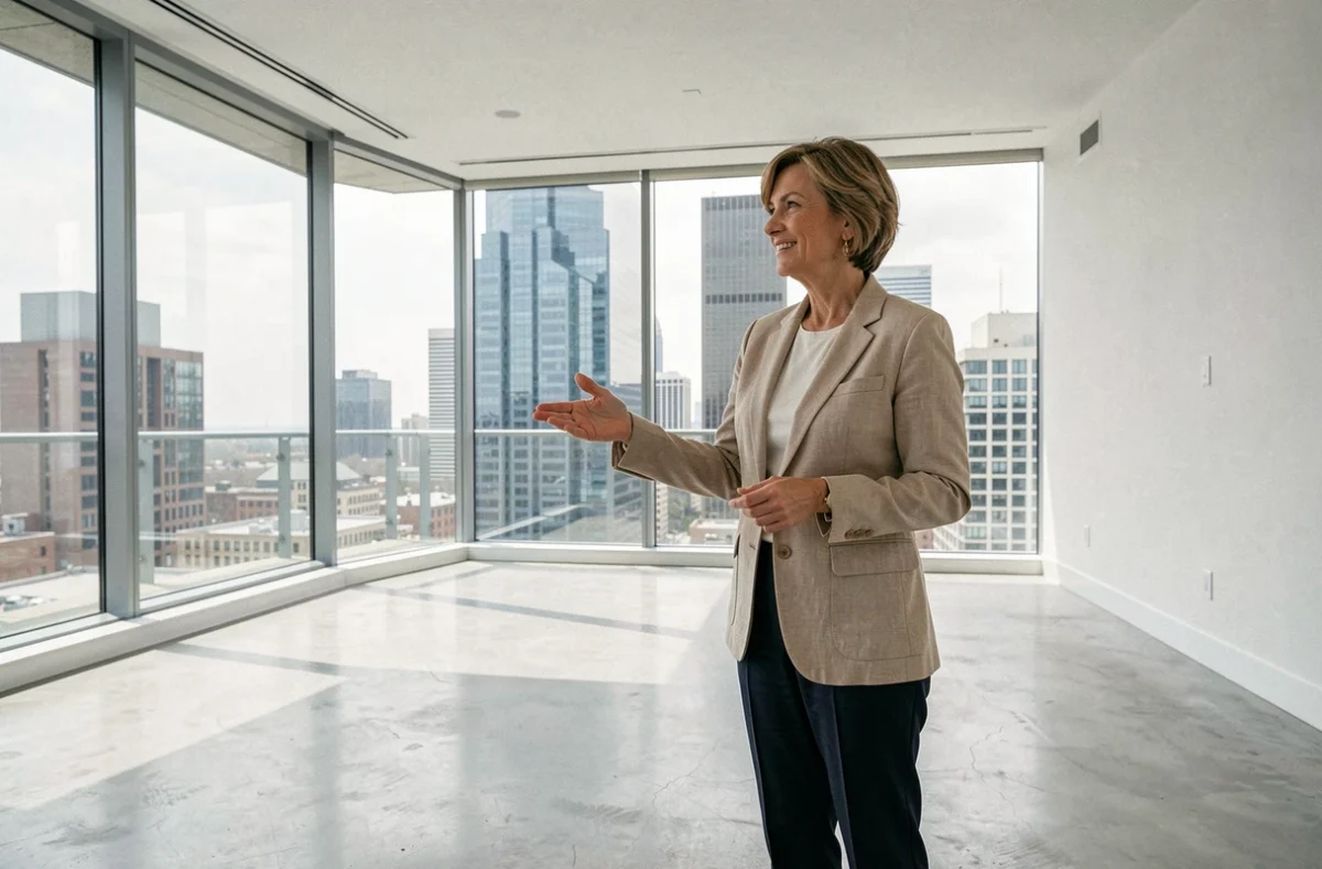 Femme agent immobilier présentant un appartement moderne vide avec vue sur la ville à travers de grandes fenêtres